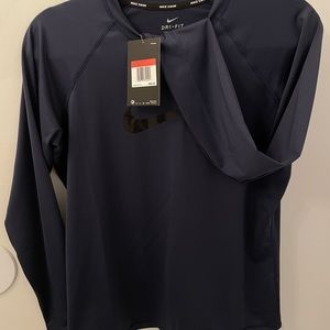 NIKE Women Navy Blue Dri Fit Swim Shirt Sz L large black Nike swoosh long sleeve